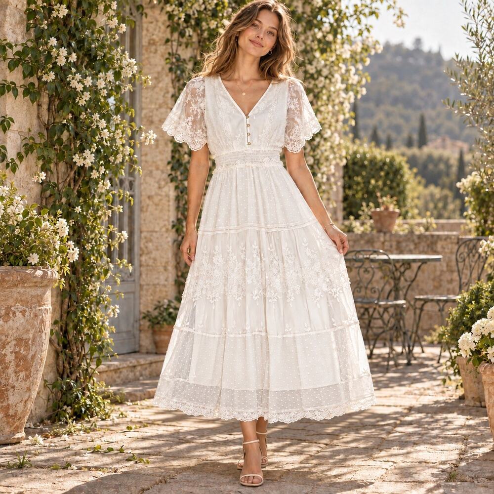 White Lace Maxi Dress Sz S Swiss Dot Embroidered Boho Cottagecore Bridal Wedding